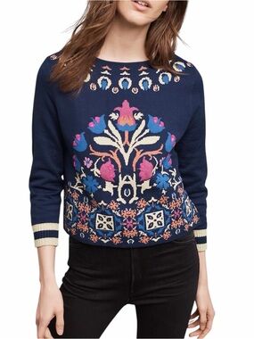 HWR Folk Art Sweater Large Navy Colorful Intarsia Knit Boho Nordic Cottagecore